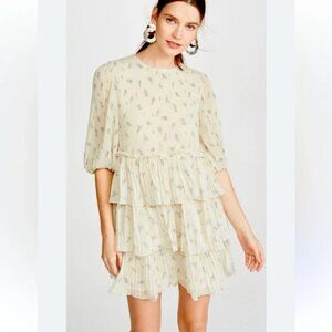 NWT - Ganni Floral Ivory Georgette Plisse Tiered Ruffle Romantic Dress, Size 36